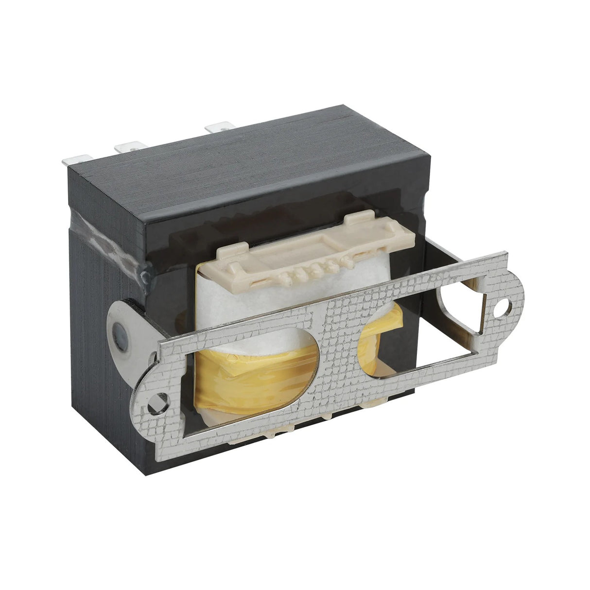 A rectangular Magic Chef transformer with a black casing, exposed yellow coil, and white insulating component. The unit has metal mounting brackets on each side with holes for screws and visible connection pins on top.