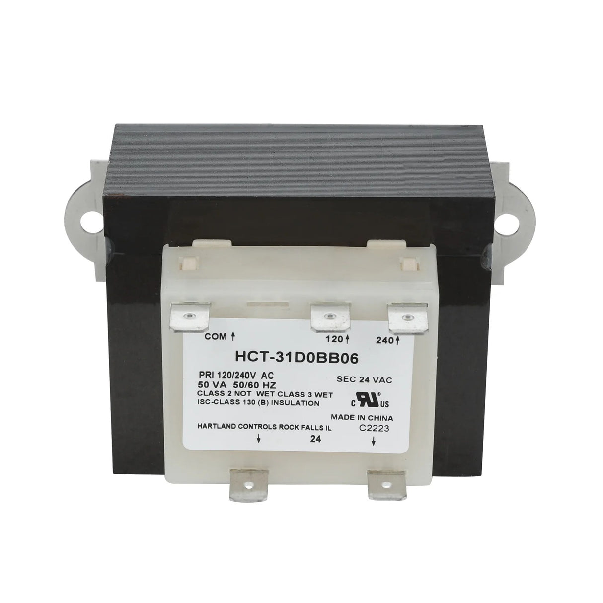 A rectangular Magic Chef transformer with a black metal core and white plastic terminal block. The label reads HCT-31DOBB06, 70101001491, input: 120/240V AC, output: 24V AC, certification marks, and two mounting tabs.