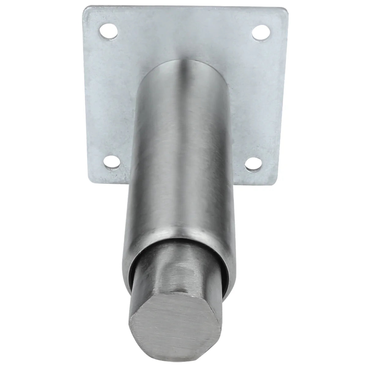 A metal door bolt with a square mounting plate featuring four screw holes. The cylindrical bolt, from Empura Parts, extends outward and ends with a hexagonal tip. It has a brushed steel finish and sits against a plain white background.