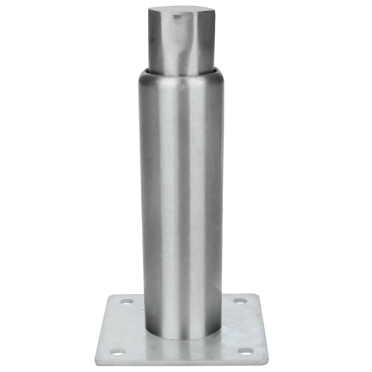 A cylindrical metal bollard with a flat square base and rounded top. The base has four holes, one in each corner, for mounting, similar to the 6" Leg found on some Empura Equipment. Its smooth, metallic surface has a reflective finish.