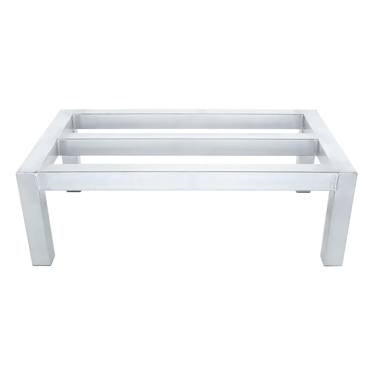 A modern, rectangular coffee table frame made of shiny chrome metal, inspired by a heavy duty dunnage rack. Featuring four straight legs and three parallel horizontal bars on top, it offers an open, minimalist design with no tabletop surface installed.