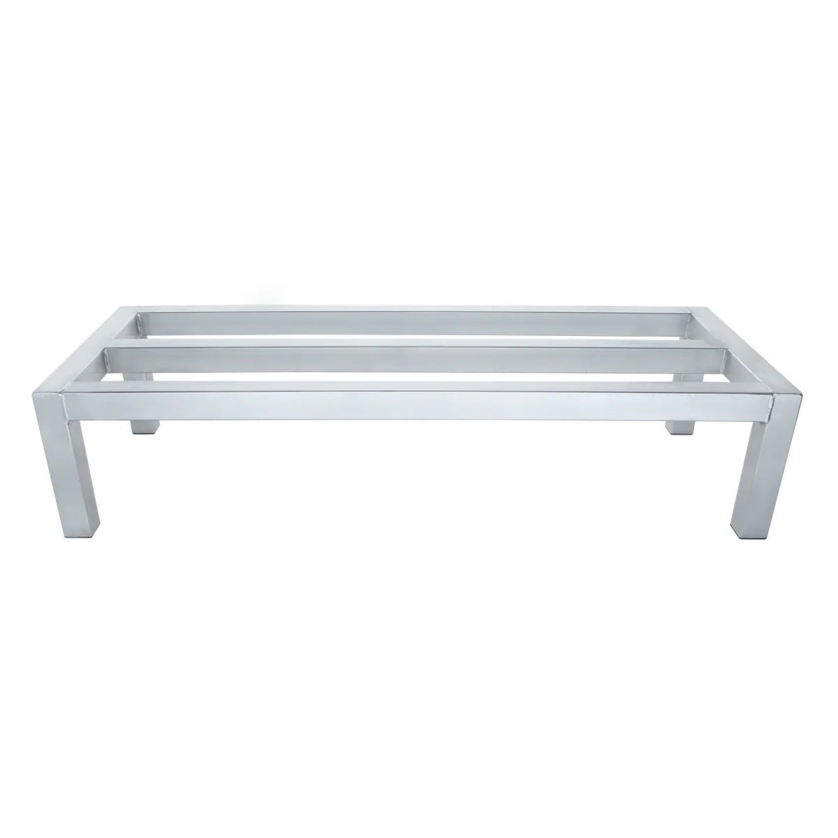 A modern, rectangular aluminum bench frame with four straight legs and NSF-certified durability, resembling a dunnage rack. It has two parallel support bars across the top and is shown against a white background—minimalistic and seatless.