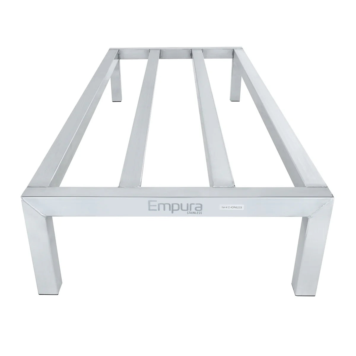 A heavy duty aluminum dunnage rack, this rectangular stainless steel equipment stand features four sturdy legs, three support bars, and the “Empura” brand on its side. Its open-frame design offers a clean, industrial look and is freezer safe.