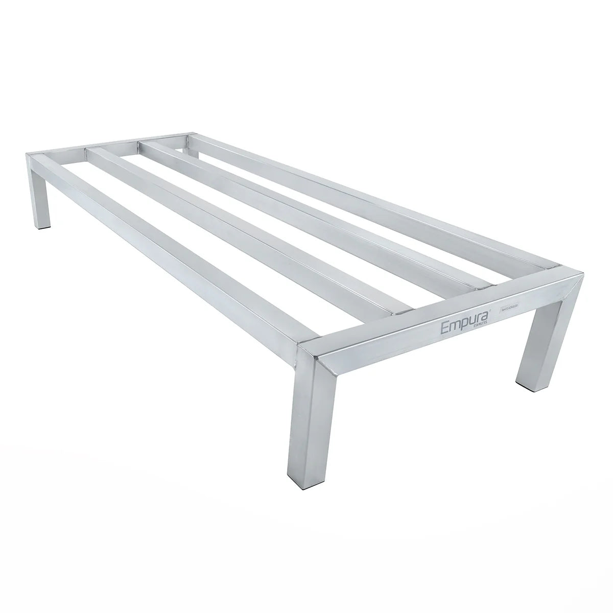 A heavy duty aluminum dunnage rack with four square legs and three horizontal slats, finished in silver. Freezer safe and labeled Empura, it’s designed for storing items off the floor in commercial kitchens or storage areas.
