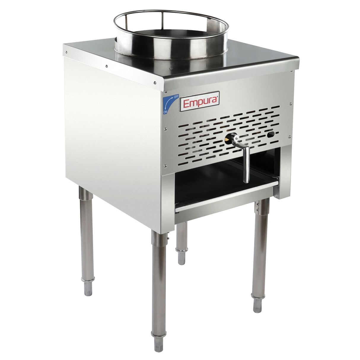 A commercial gas wok range by Empura featuring a circular burner ring on top, vented front panel, control lever, lower shelf, and four sturdy legs with adjustable feet; ideal for high-output cooking in Asian kitchens.