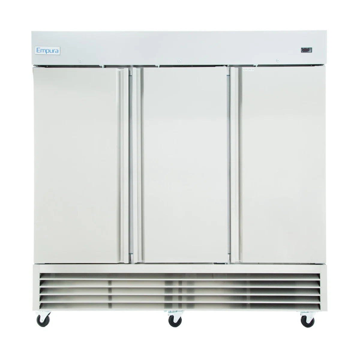 A large, reach-in commercial refrigerator with three vertical doors, each sporting a long handle. This stainless steel unit is on four caster wheels with a horizontal vent at the bottom. The brand “Empura” is visible on the top left corner.