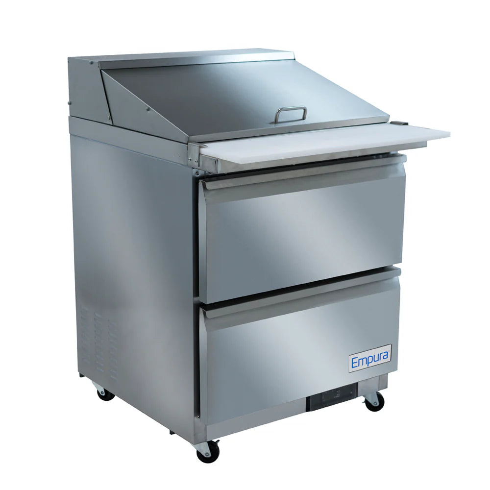 A stainless steel refrigerated sandwich prep table on wheels with two drawers, a cutting board, and a top compartment covered by a closed lid. The front features a blue Empura logo and a digital control panel near the bottom.