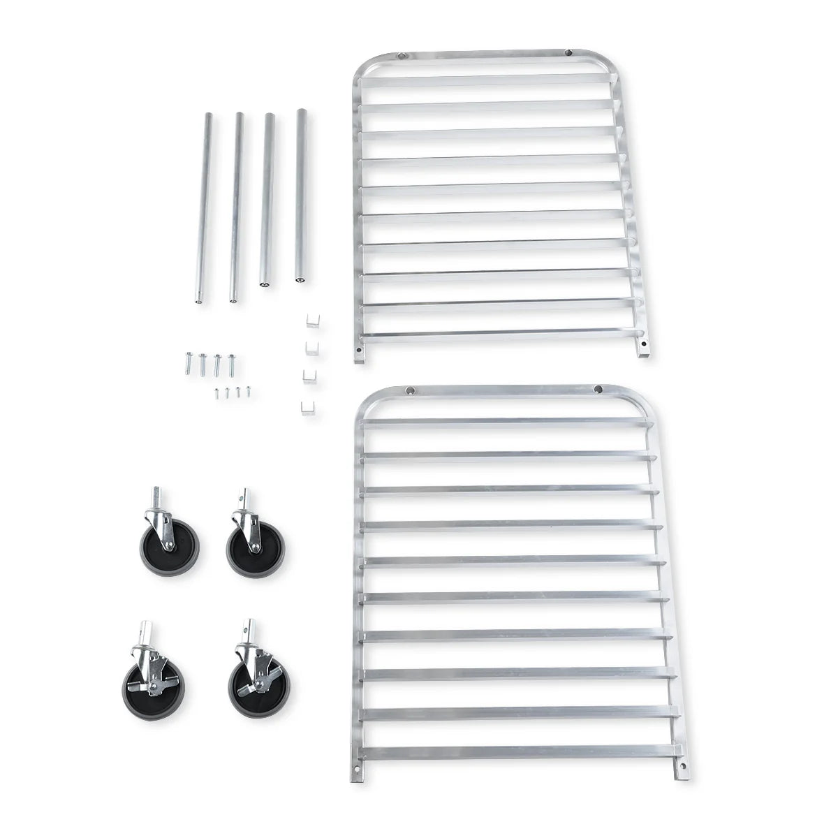 Two silver metal racks with horizontal bars, four caster wheels with brackets, four metal poles, several screws, and metal clips are arranged neatly on a white surface. These parts appear to be for assembling an aluminum pan rack or cart.