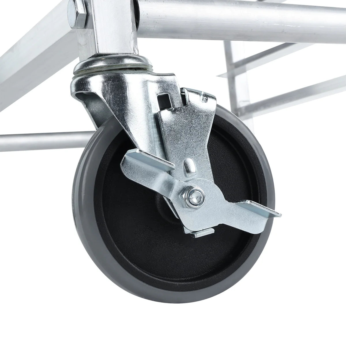 Close-up of a black caster wheel attached to a sturdy aluminum pan rack frame. The wheel has a gray tire and features an engaged metal brake lever, securely locking the wheel in place. The silver hardware appears industrial and durable.