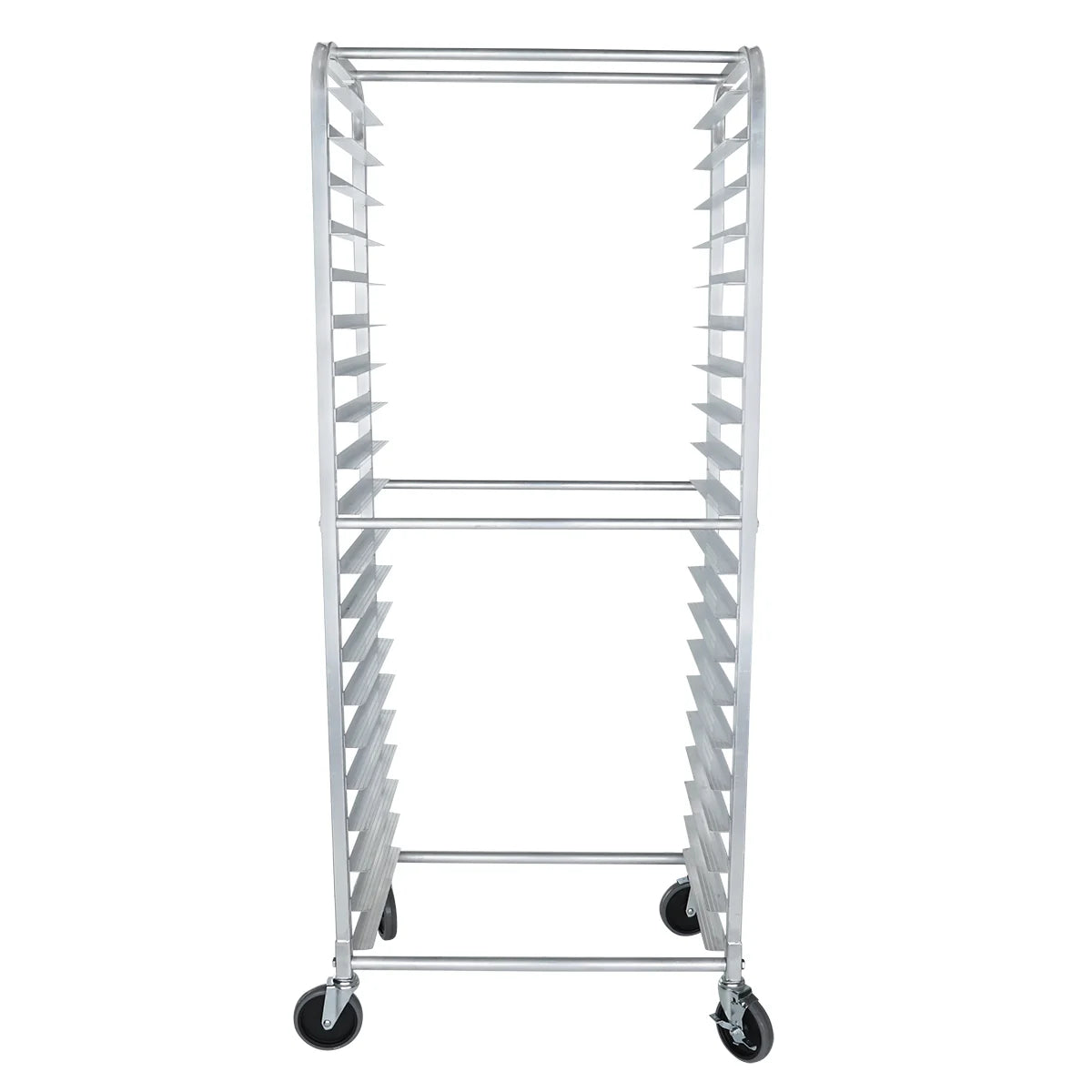 A tall, silver aluminum pan rack with multiple horizontal shelves, open sides, and four black caster wheels. The empty bakery rack is pictured against a plain white background and viewed from the front.