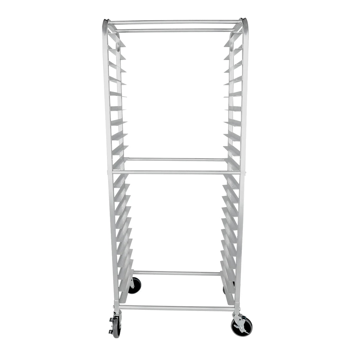 A commercial aluminum pan rack with multiple empty horizontal slots for trays or pans stands upright on four black caster wheels for mobility, photographed against a white background.