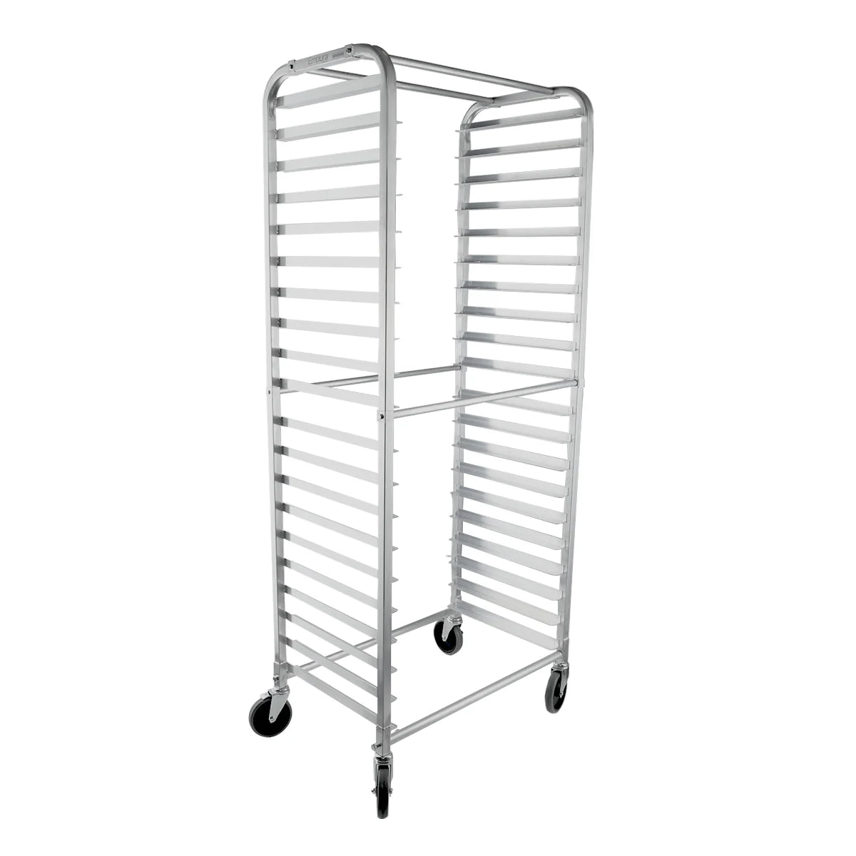 A tall, silver aluminum pan rack on four black wheels. The rack has multiple parallel horizontal slots on both sides for holding trays or pans and is open on all sides except for the top and bottom.