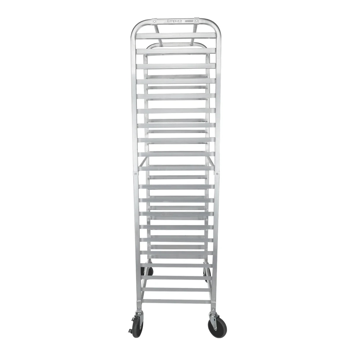 A tall, silver aluminum pan rack with multiple horizontal shelves, four legs, and four caster wheels, two of which are visible. The bun pan rack is empty and photographed against a plain white background, highlighting its sturdy, open-frame design.