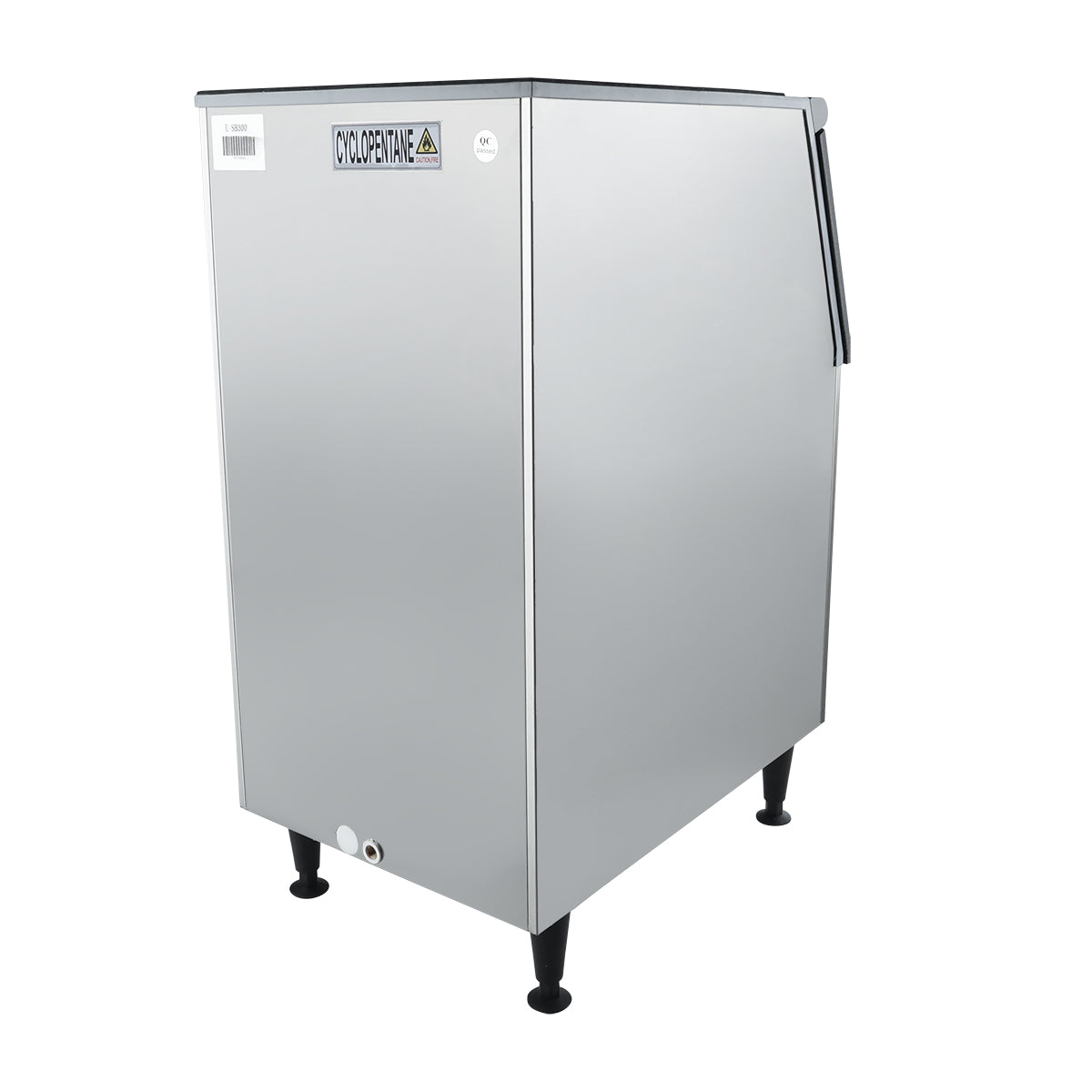 Rear angled view of the Empura E-SB300 ice bin with drain and safety label