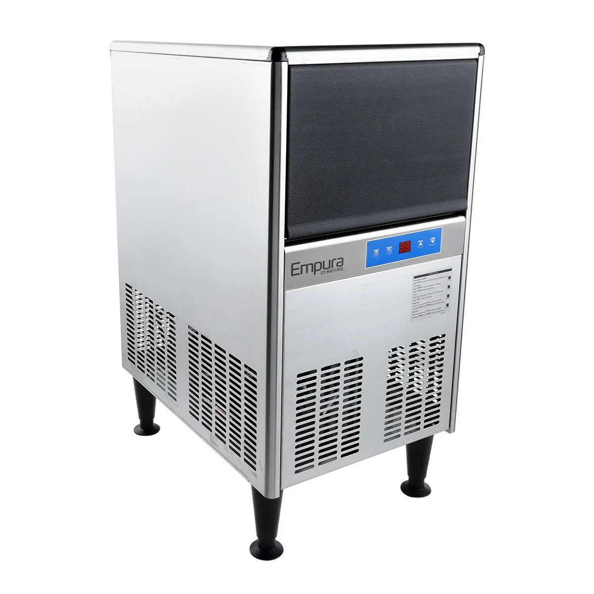 A commercial ice machine, this stainless steel Empura ice maker stands on four black legs. The front features a black ice bin door above a blue and silver control panel with digital display and buttons. Vents and a label are visible below.