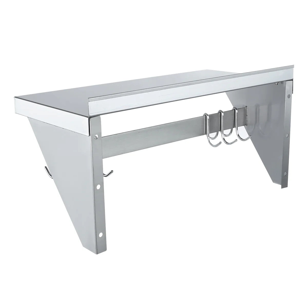 A wall-mounted stainless steel kitchen shelf with two angled side supports, a flat top surface, and a horizontal bar underneath featuring four hooks for hanging utensils. This pot rack has a sleek, modern design and a metallic finish.