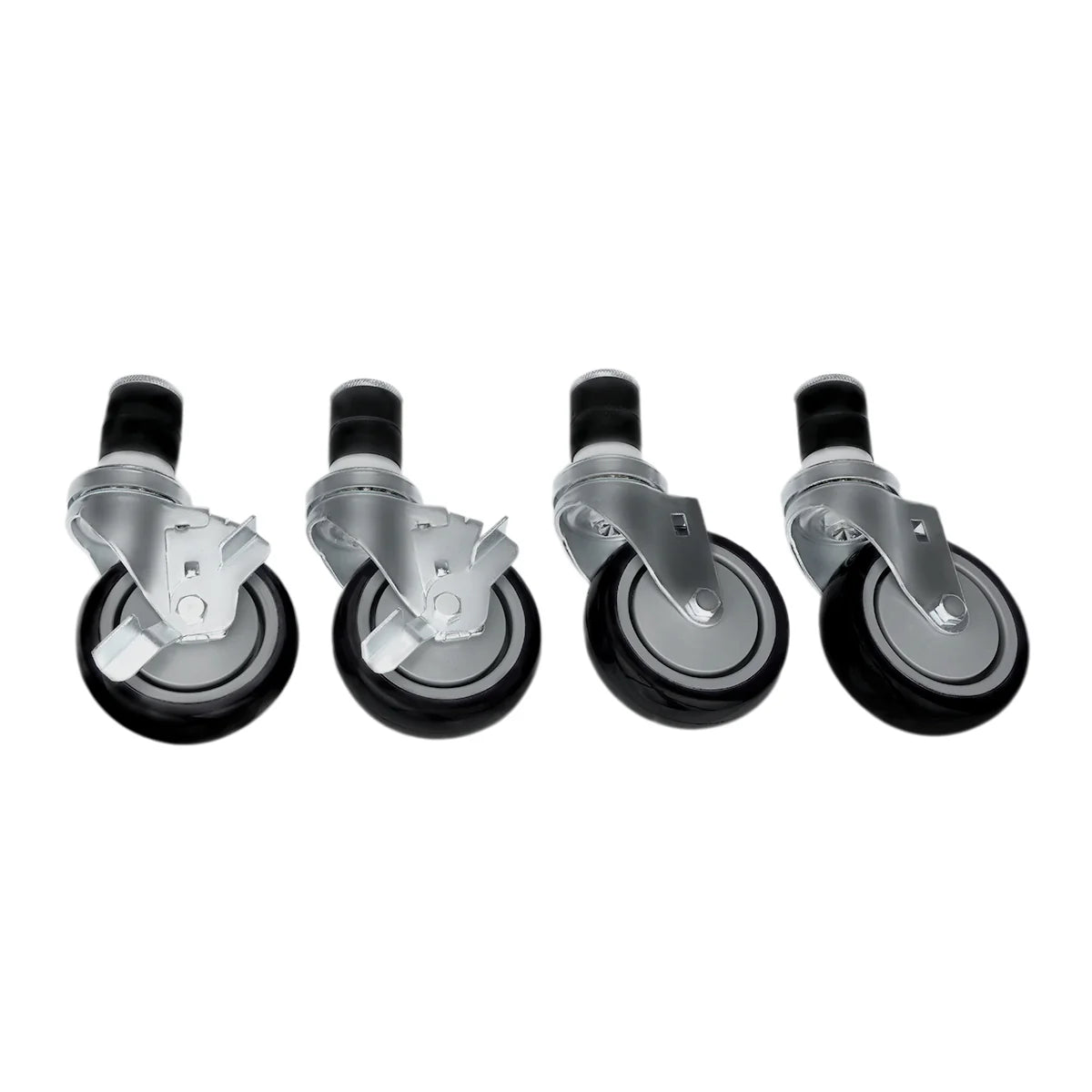 A set of four black and silver stainless casters with metal brackets, two featuring locking mechanisms and two without locks, arranged in a row on a white background. The wheels have cylindrical mounting stems at the top.