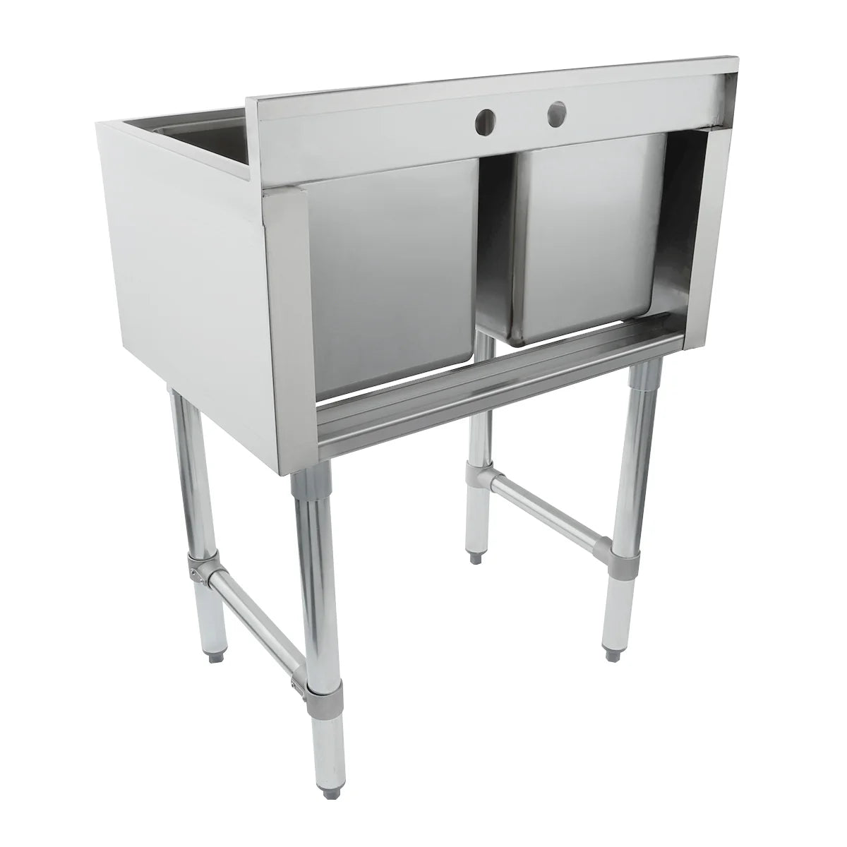 A stainless steel 2 compartment underbar sink with deep rectangular basins, an open front panel, and four sturdy legs with adjustable feet. Featuring two faucet holes at the back, it's ideal for industrial or kitchen use. The surface is clean and reflective.