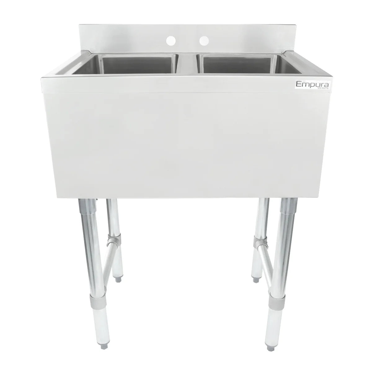 A stainless steel 2 compartment underbar sink with four sturdy legs and a backsplash, labeled Empura in the top right corner. The deep basins and simple, commercial design make it ideal for kitchens or industrial settings.
