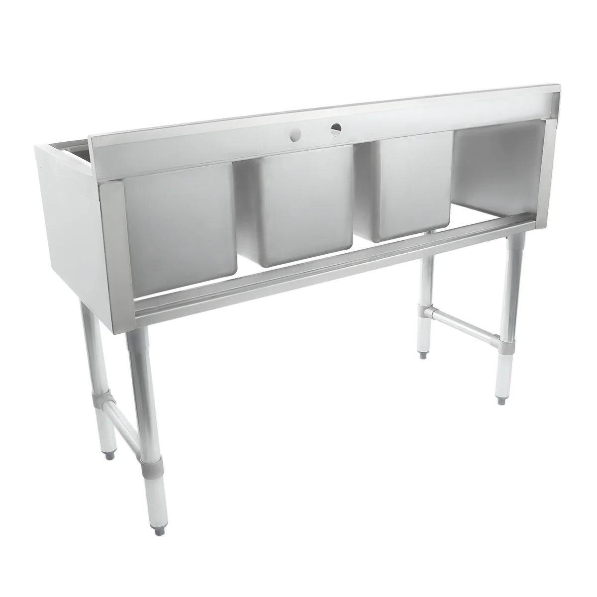 A 3 compartment stainless steel commercial sink with three deep rectangular basins and four sturdy legs. The high backsplash features a single pre-drilled hole, making this clean, functional underbar sink ideal for kitchen or industrial use.
