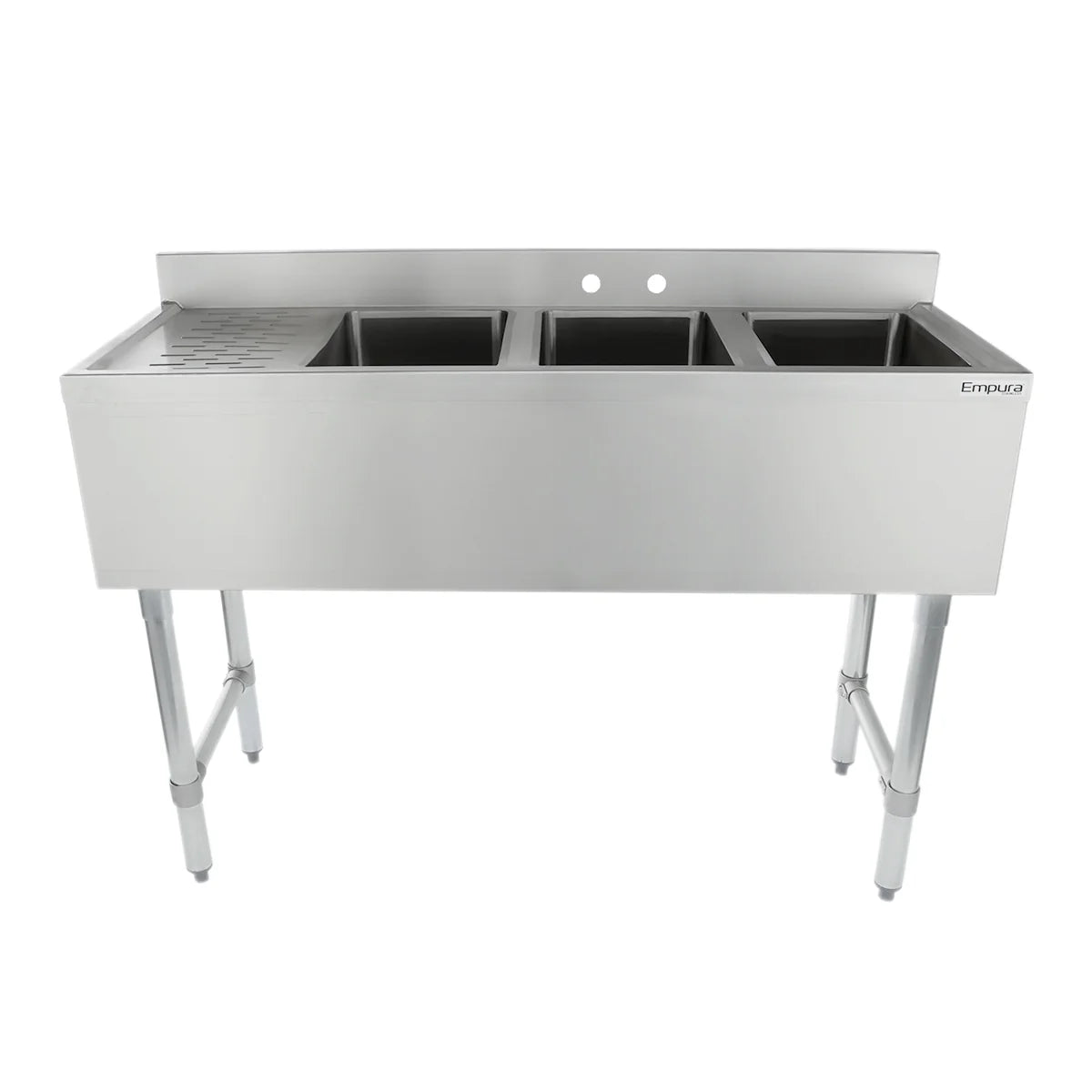 A commercial 3 compartment stainless steel sink with deep rectangular basins, a left drainboard, and four sturdy legs. The back features two faucet holes and a raised backsplash. The Empura logo is visible on the front right corner.