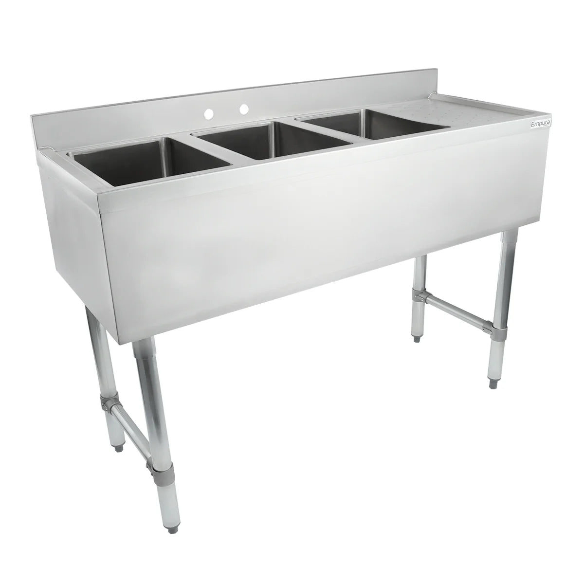 A commercial stainless steel 3 compartment sink with a backsplash and four sturdy legs. Each rectangular compartment is ideal for washing, rinsing, and sanitizing dishes in restaurant or industrial kitchen settings. The sink appears clean and unused.