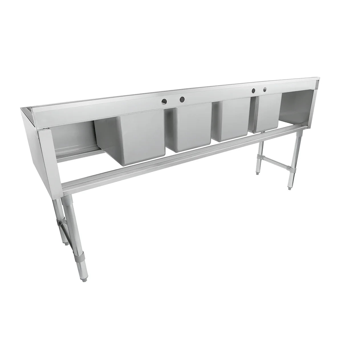 Commercial stainless steel 4 compartment sink with four deep rectangular basins, a backsplash with faucet holes, and an open lower shelf; supported by sturdy metal legs, designed for heavy-duty use in kitchens or industrial settings.