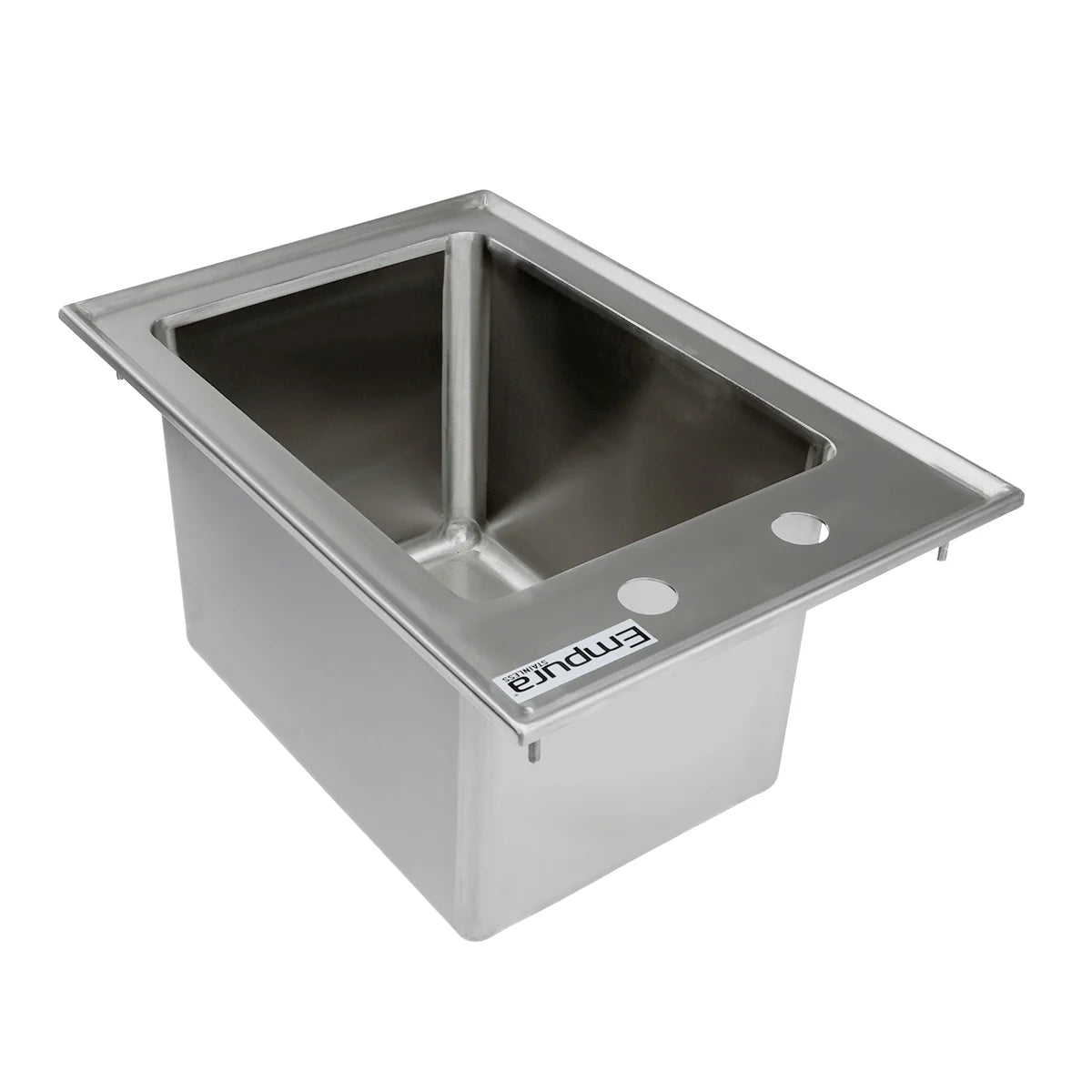 A rectangular drop in sink with two pre-drilled faucet holes and a deep basin. This NSF certified stainless steel sink features the Empura logo on the front edge and boasts a sleek, modern design with smooth, shiny surfaces.