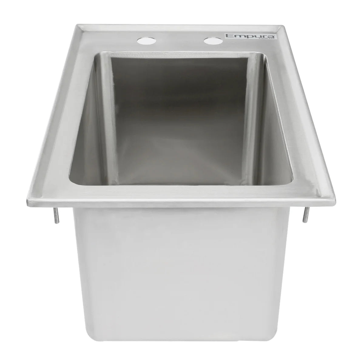 A rectangular, NSF-certified stainless steel sink with a deep basin and wide rim. This drop in sink has two faucet holes at the back edge. The Empura brand name is engraved on the top right corner of the clean, uninstalled rim.