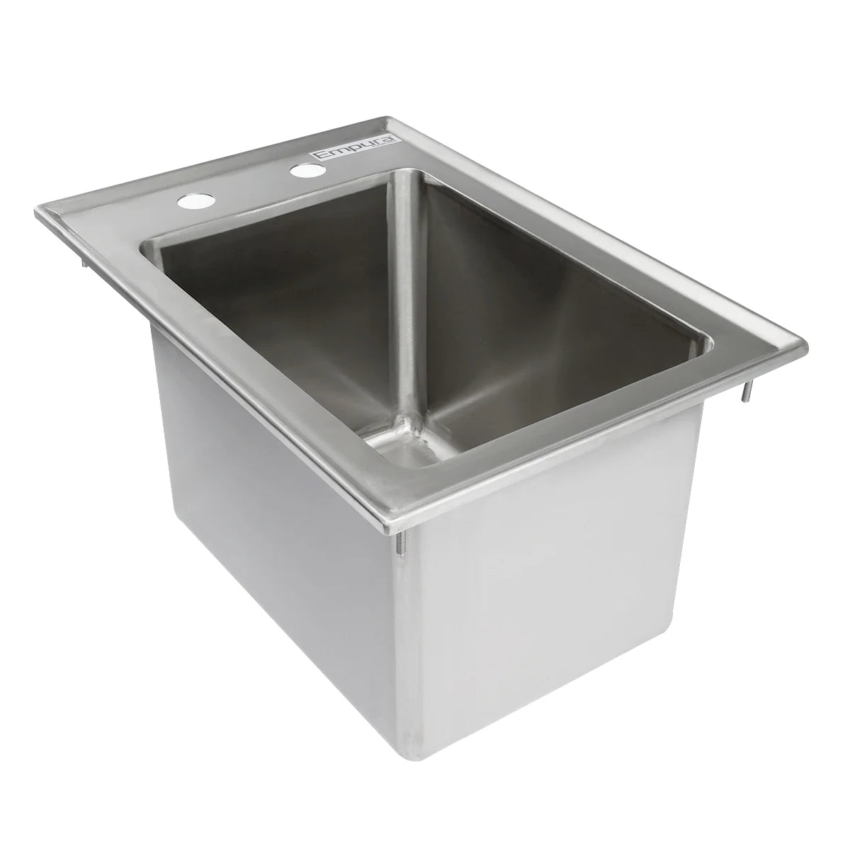 A shiny, rectangular NSF stainless steel sink with a deep basin and clean edges is shown. The top features two faucet holes and a flat rim for drop in sink mounting. Its smooth, reflective interior is perfect for kitchen or utility use.