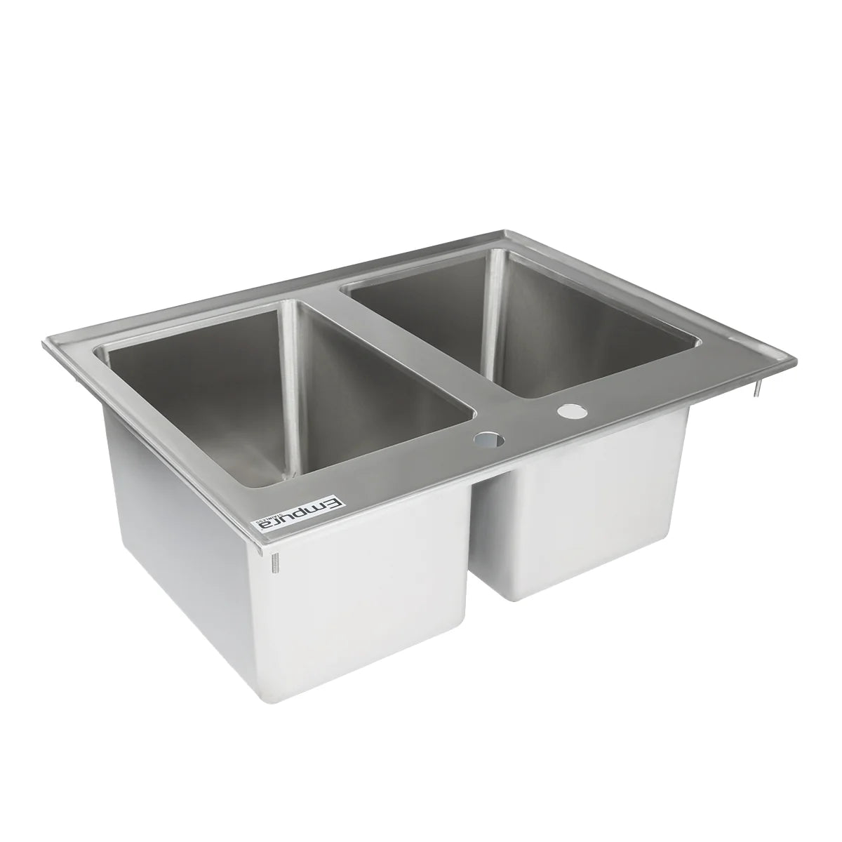 This Emtex stainless steel drop in sink features 2 compartments with sharp rectangular edges and a smooth, reflective surface. Both equal-sized basins are deep, and the mounting flange includes a faucet hole. The Emtex logo is on the front left corner.