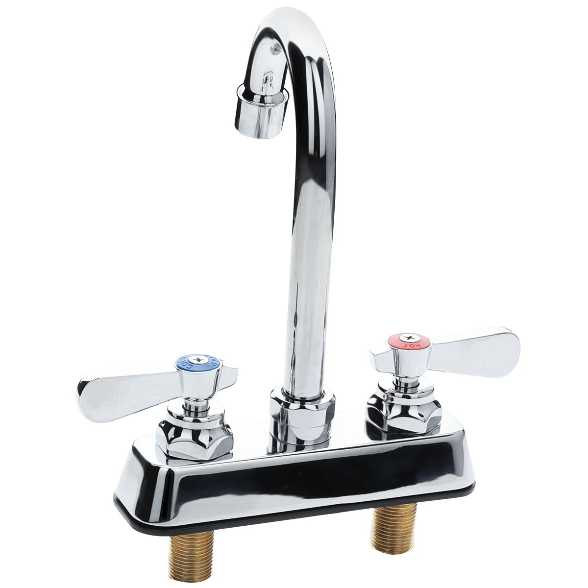 A shiny chrome deck mount faucet with a high swivel gooseneck spout, two flat lever handles, and threaded brass legs. The left handle has a blue cap and the right has a red cap, indicating cold and hot water controls. Isolated on white background.