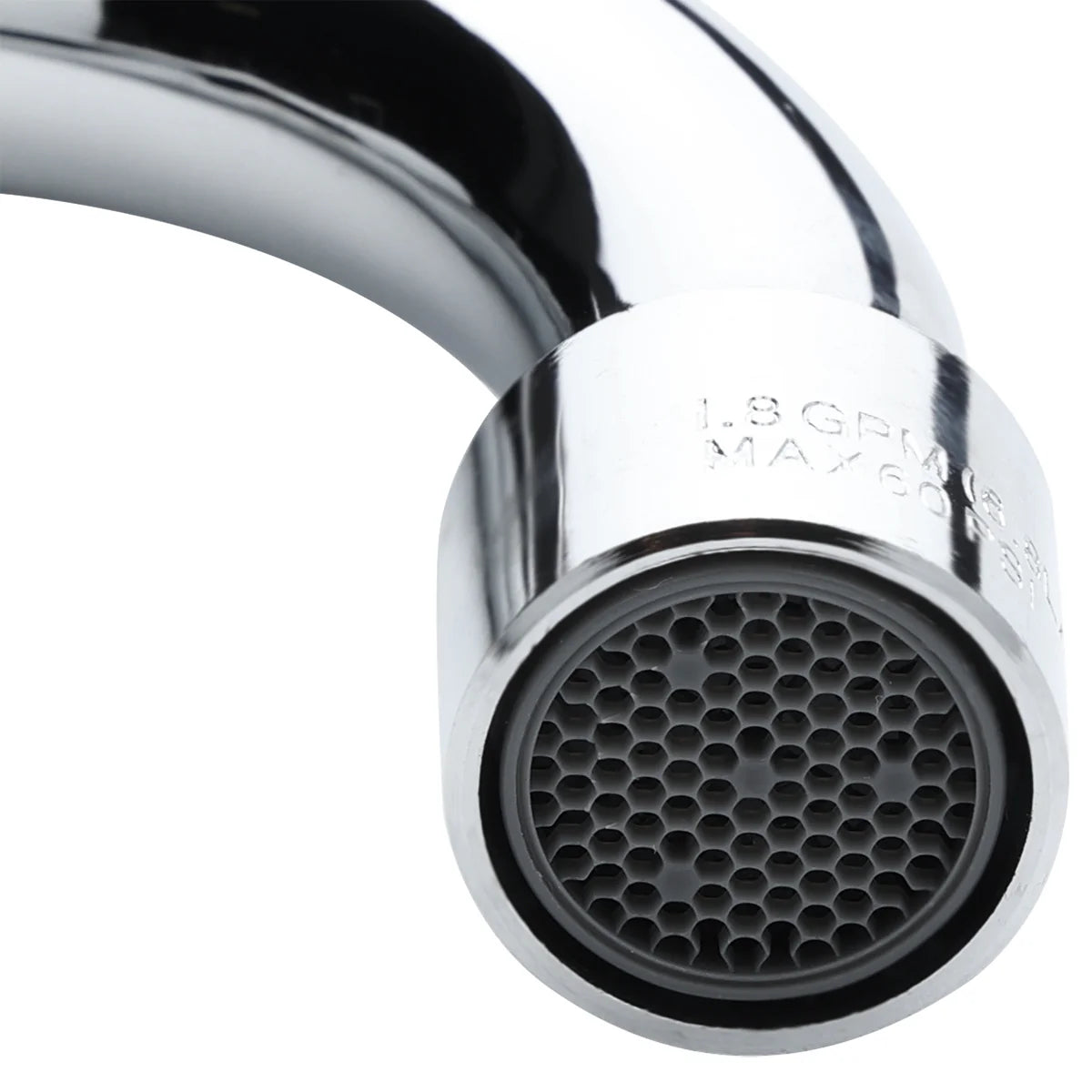 Close-up of an Empura Stainless deck mount faucet featuring a shiny, swivel gooseneck spout. The round aerator at the tip has a honeycomb pattern and engraved text reads 1.8 GPM MAX 60 PSI.