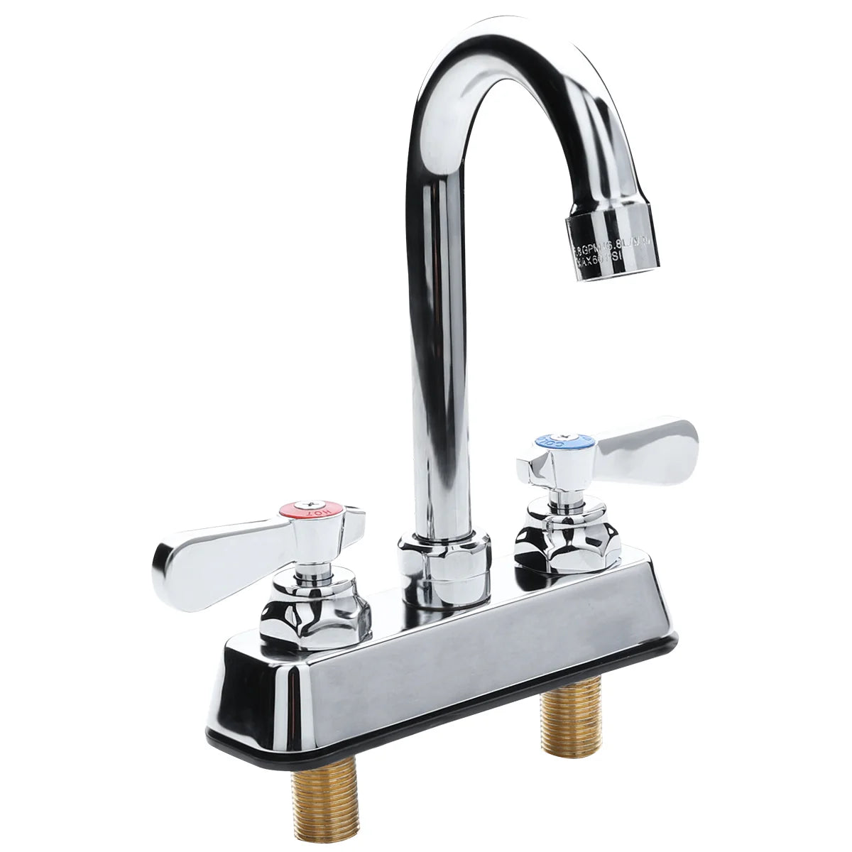 A shiny chrome Empura Stainless deck mount faucet with a tall swivel gooseneck spout and two handles—one red for hot, one blue for cold. The base includes two threaded brass mounts for installation. Set against a clean white background.