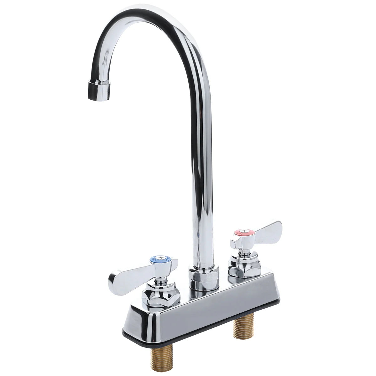 The Empura deck mount faucet features a shiny chrome finish, dual lever handles with blue and red markers, and a swivel gooseneck spout. Its sturdy base includes two threaded mounts for secure installation.