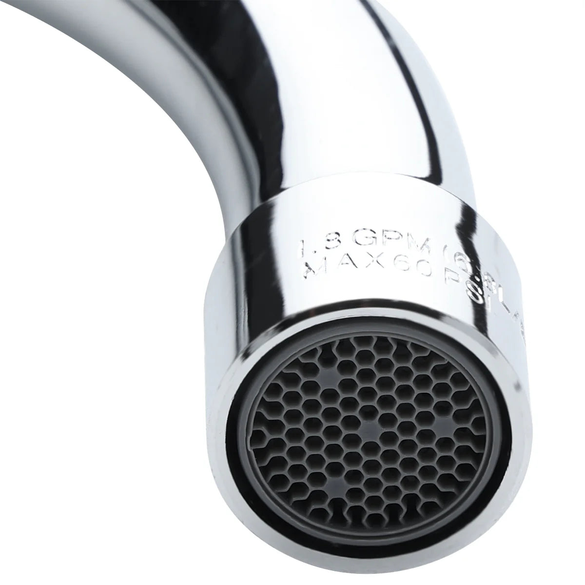 Close-up of a shiny Empura deck mount faucet with a curved chrome swivel gooseneck spout. Focus is on the aerator’s honeycomb mesh. Engraved text reads “1.8 GPM” and “MAX 60 PSI.” Background is white.