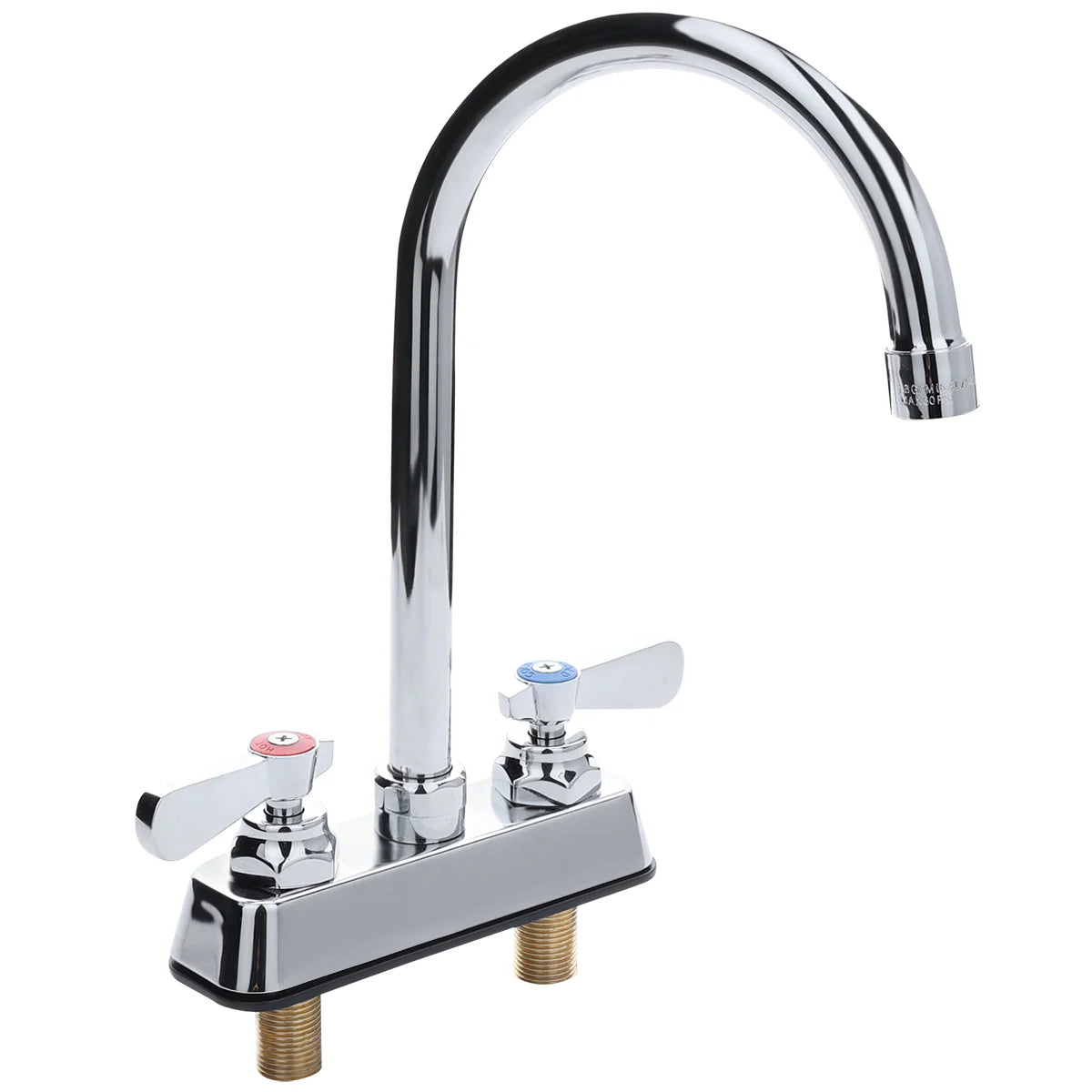 The Empura deck mount faucet features a shiny chrome finish, swivel gooseneck spout, and two lever handles with red and blue markers for hot and cold water. The base includes two threaded brass fittings for easy installation.
