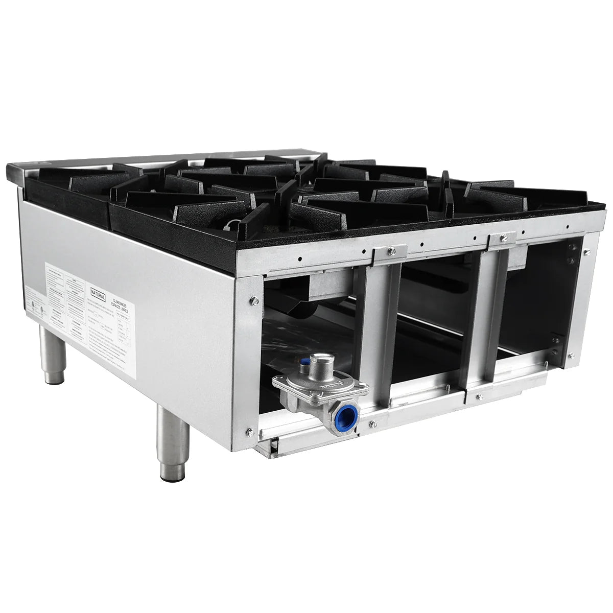 A commercial stainless steel single-burner gas hot plate with four heavy-duty cast iron top grates, cylindrical metal legs, and a blue gas valve on the front, shown from an angled side view for countertop installation against a white background.