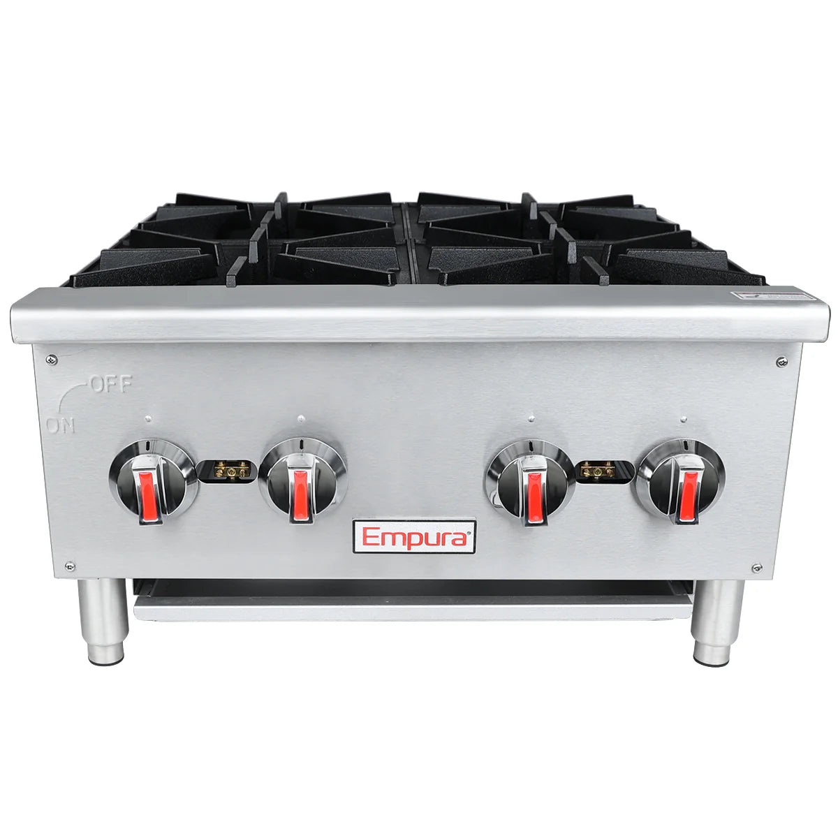 A stainless steel commercial gas hot plate with four black cast iron top grates, four control knobs with red accents, and the “Empura” brand on the front. Designed for countertop installation, this unit features sturdy legs and an industrial look.