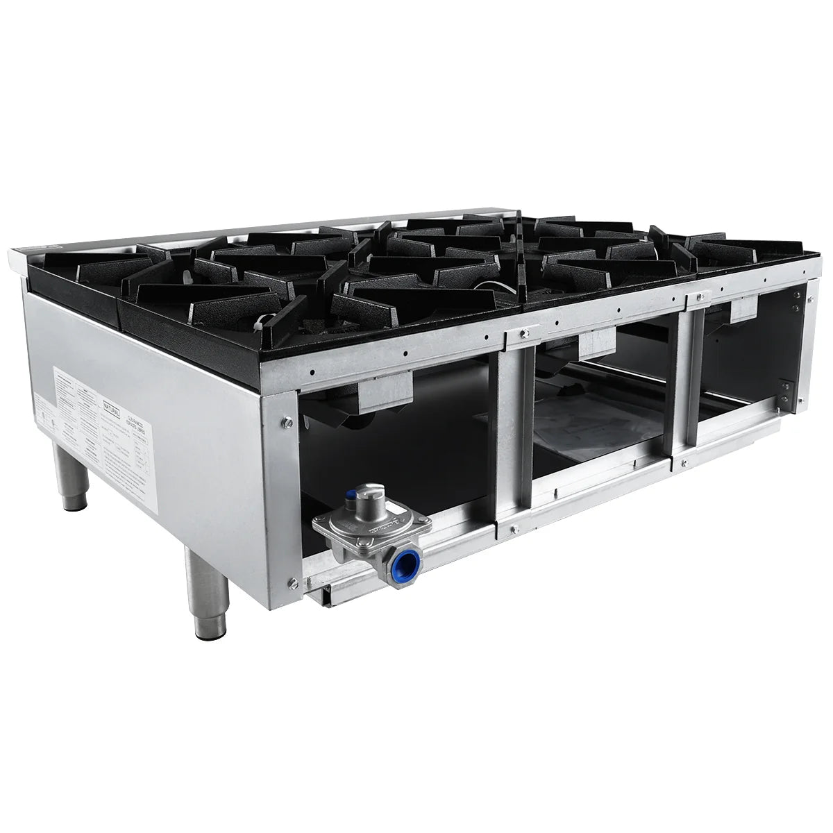 A stainless steel commercial gas stove with six black cast iron burners and cast iron top grates, control knobs, and sturdy metal legs. Its industrial design suits professional kitchens, with visible gas connections and burner supports.