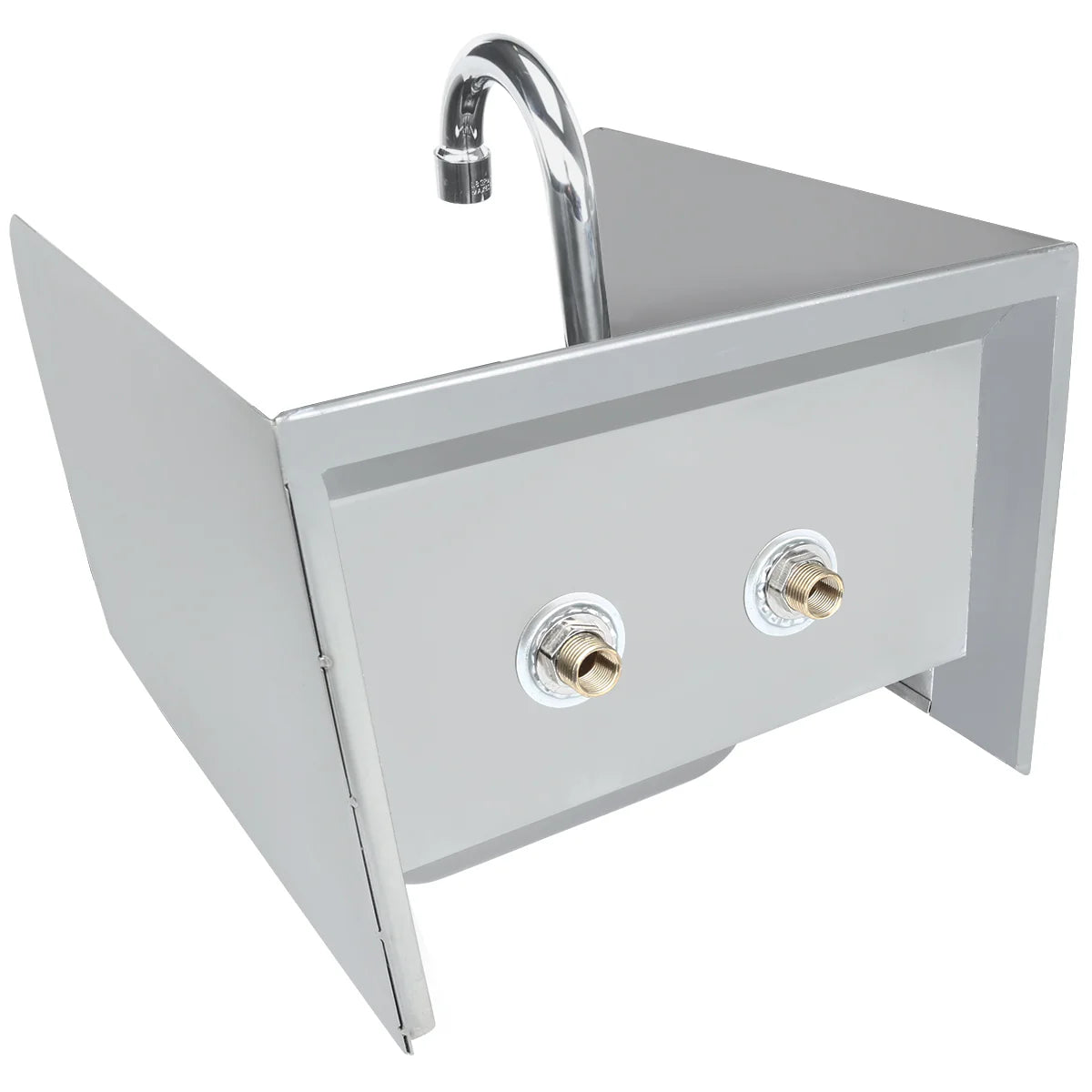 A wall-mounted, gray stainless steel hand sink with a high back, angled side panels, two plumbing pipe connections at the front, and a curved silver faucet above the basin. The design is simple and industrial.