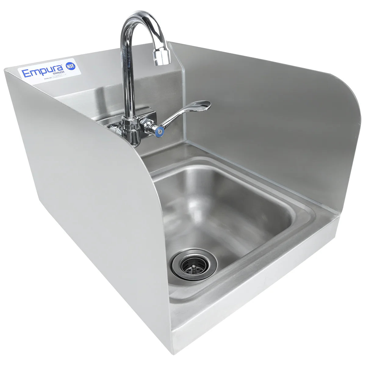 This wall mounted hand sink features high side and back splashes, a deep square basin, a tall curved faucet, and an easy temperature control lever. The Empura logo accents its clean, industrial stainless steel hand sink design.