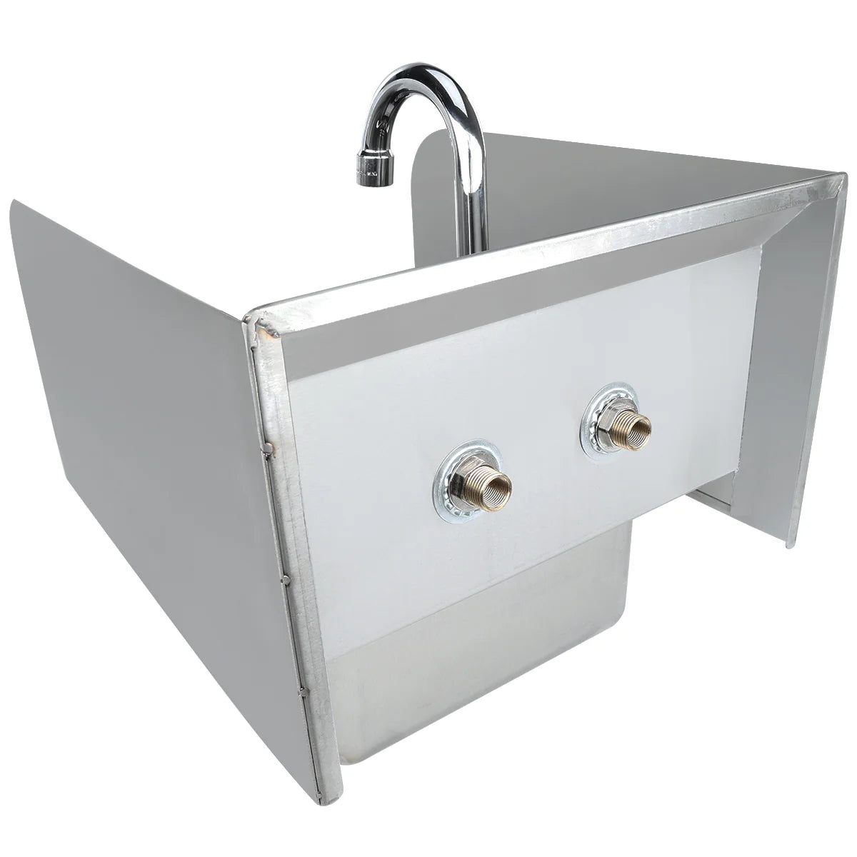A deep, rectangular wall mounted stainless steel utility sink with high side splashes, a central chrome faucet, and two exposed inlet connections on the front panel, designed for heavy-duty use in commercial or industrial settings.