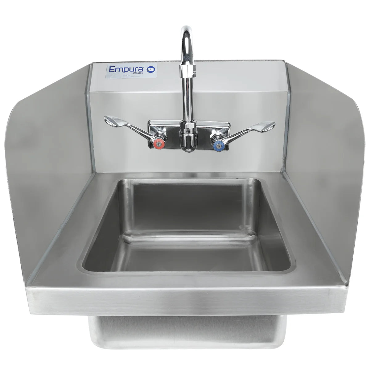 A wall mounted stainless steel hand sink with splash guards on both sides, a rectangular basin, and a dual-handle faucet marked red for hot water and blue for cold. The Empura brand label is on the upper left.