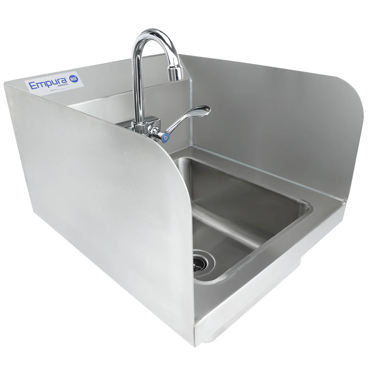 A wall mounted stainless steel hand sink featuring high side splashes, a deep rectangular basin, dual-handle faucet, and the Empura logo—ideal for hygienic handwashing in commercial or industrial settings.