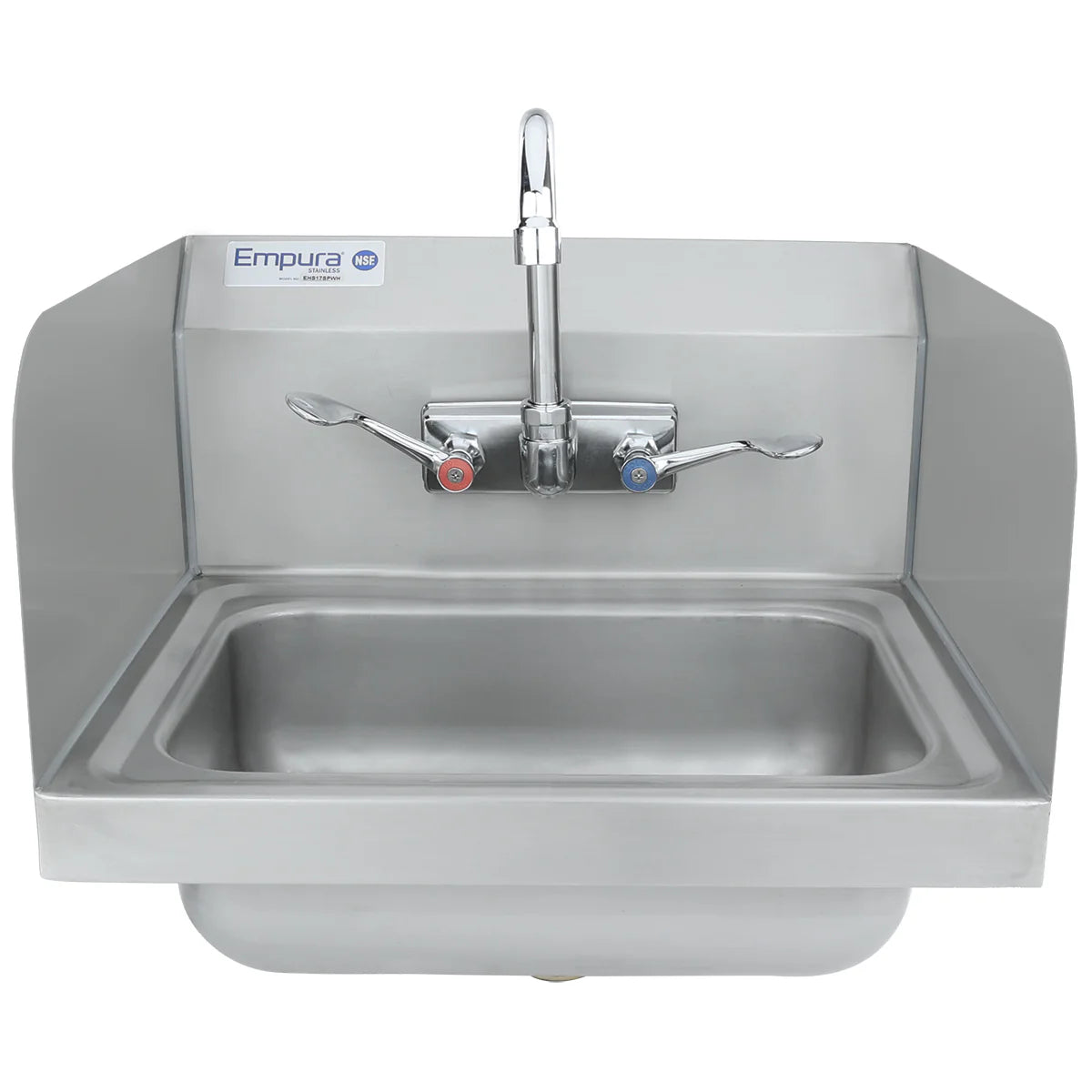 A stainless steel wall mounted hand sink with a rectangular basin, two lever handles (red for hot, blue for cold), a central faucet, and raised side and back splash guards. The Empura brand label is on the top left corner.