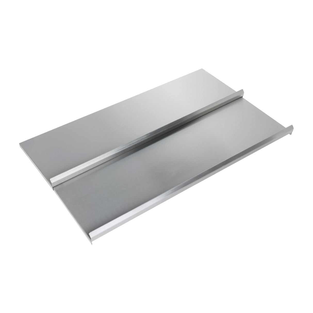 A rectangular sheet of Empura Stainless metal is shown on a white background. It has two raised, parallel ridges running lengthwise, dividing the sheet into three sections—ideal as a sliding cover for an Underbar Ice Bin. The finish is smooth and shiny.