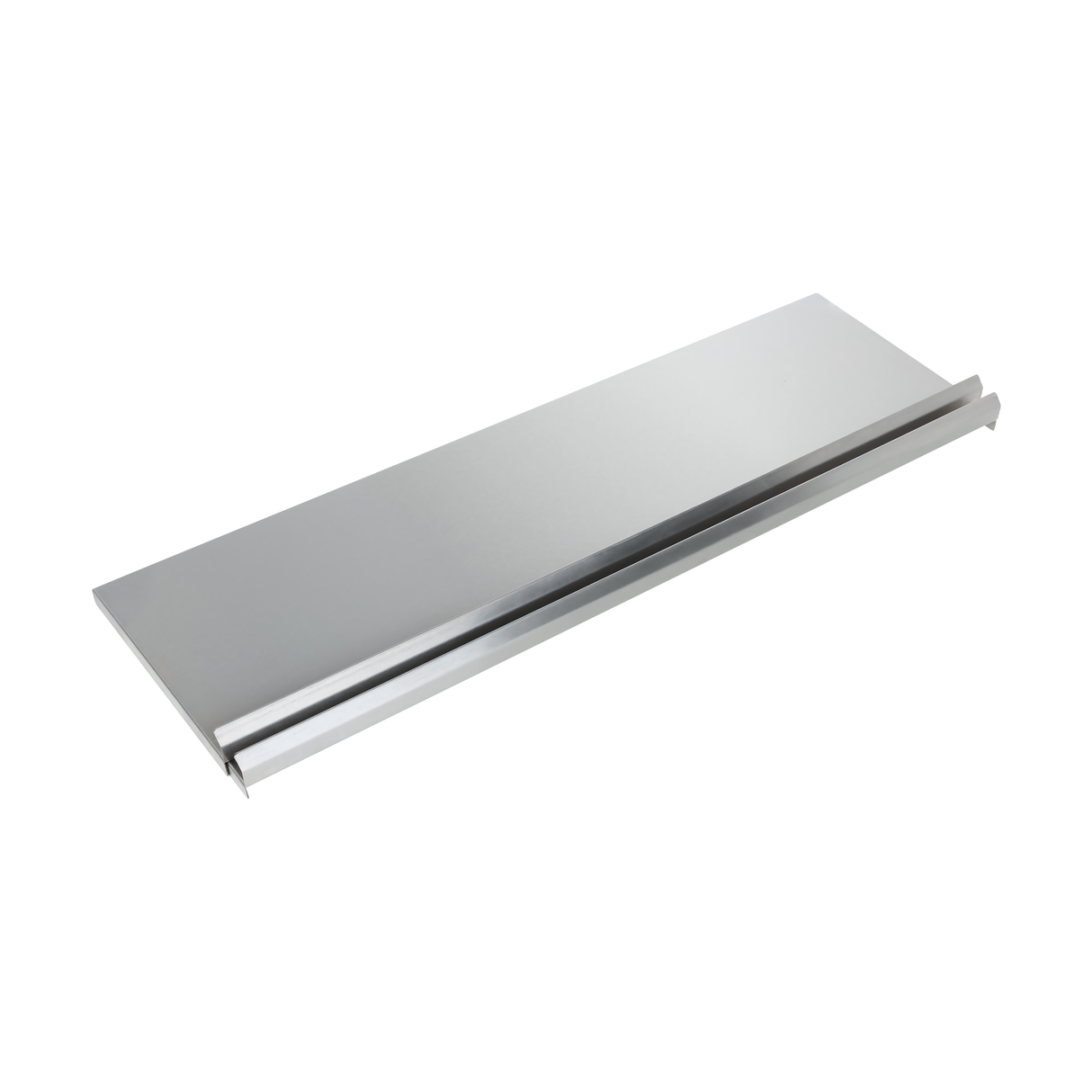 A long, rectangular Empura Stainless metal tray with a smooth, reflective silver surface and a raised edge along one side, likely designed for serving or organizing items. The minimalist, modern design resembles an underbar ice bin sliding cover.