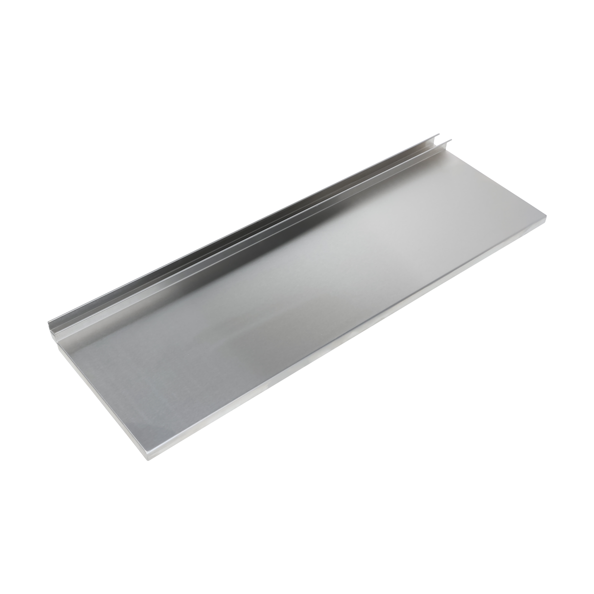 A rectangular sheet of smooth, shiny Empura Stainless metal with a raised edge along one long side, resembling a sliding cover for an underbar ice bin, photographed on a white background to highlight its reflective surface and clean lines.