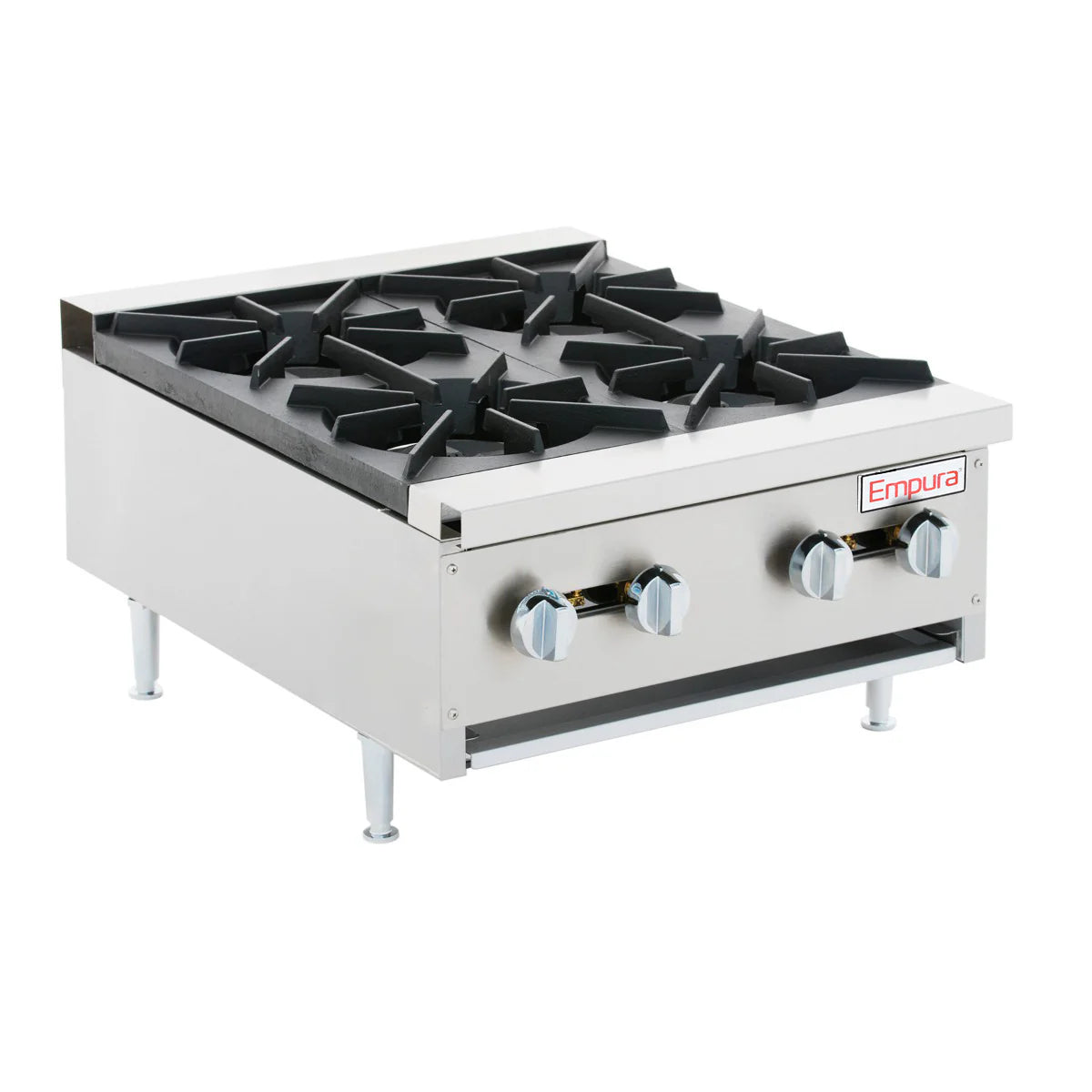 The Empura hot plate is a stainless steel commercial countertop gas stove featuring two large cast iron burners, four front control knobs, and stands on sturdy legs. This heavy duty gas hot plate displays the Empura brand name on the upper right corner.